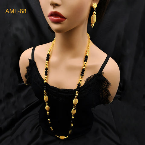 Ethiopian 24k Gold Color Long Chain Necklace And Earrings Sets African