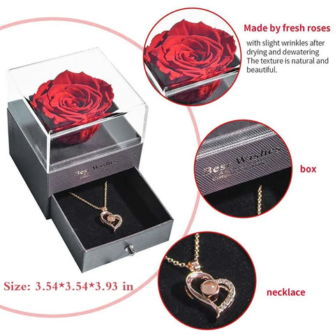 Pendant Necklace In Rose Flower Jewelry Gift Box Preserved Rose Necklace Set
