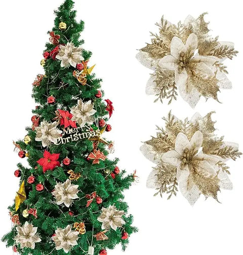 Glitter Artificial Christmas Flowers Christmas Tree Decorations