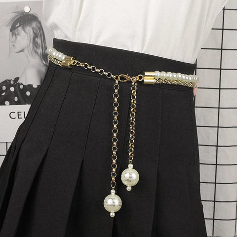 Fashion Women's Pearl Waist Belt Luxury Designer Metal Waist Chain for Dress Decorative Clothess Accessories