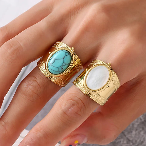 Anillos anchos ajustables de piedra natural turquesa Anillo de acero inoxidable chapado en oro de 14 quilates