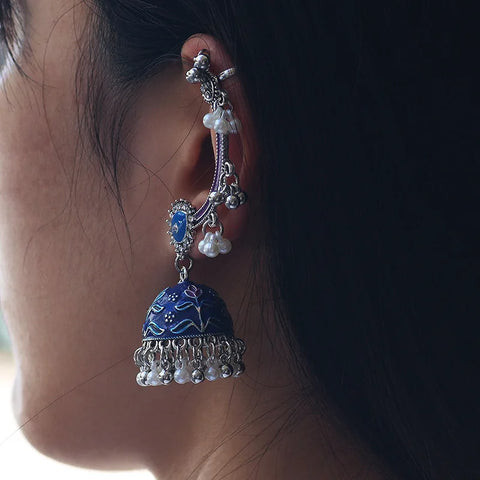 Vintage Ethnic Enamel Flower Jhumka Earrings for Ladies Zircon Bead Tassel Statement Earring Pendants Retro Jewelry