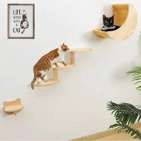 Prateleira de escalada interna para gatos, montada na parede, poste para arranhar com rede em forma de lua ou plataforma de salto para descanso de gatinhos