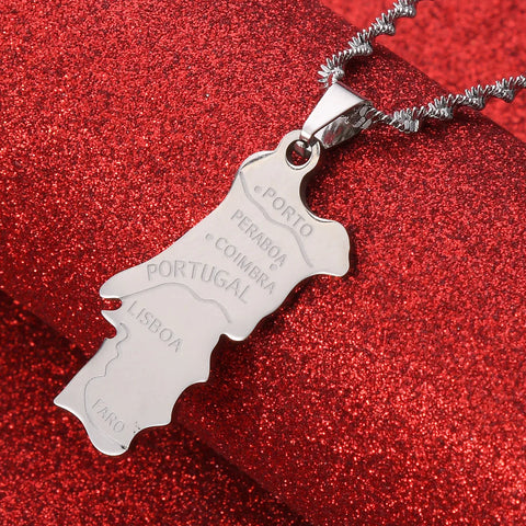 Necklace Stainless Steel Portugal Map Pendant Necklace Chain Women Enamel Jewelry Portuguese