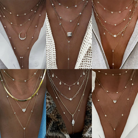 Multilayer Necklaces with Vintage Multielement Crystals, Boho, Geometric Crystal Pendants,