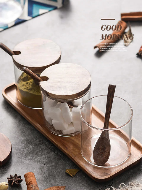 Transparent Glass Seasoning Jar Seasoning Box Set  Three-piece Creative Kitchen Wooden Salt Shaker Sugar Bowl with Spoon Base