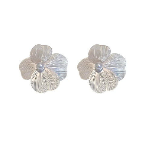 Silver Color Metal Earrings Large Flower Stud Earrings