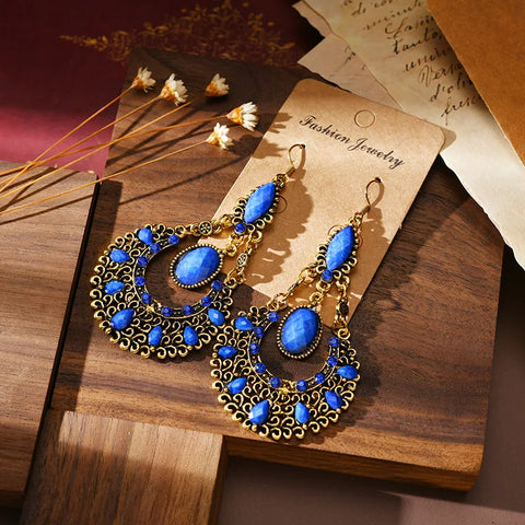 Pendientes colgantes bohemios vintage de color azul real para mujer, borla larga étnica de gota de agua