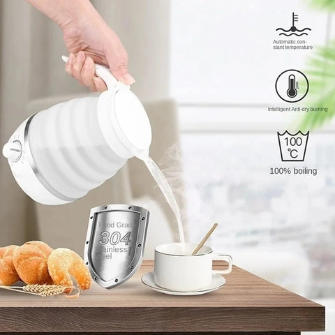 Chaleira elétrica dobrável para viagens, 110/220v 0,6l 600w, bule de chá doméstico, mini chaleira de água, gel de sílica para alimentos, bule portátil