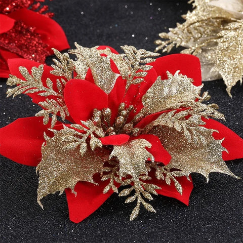 Glitter Christmas Flowers Xmas Tree 14cm Artificial Flower Ornaments  Christmas Decoration