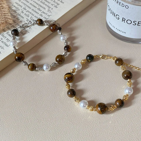 Stainless Steel Natural Tiger Eye Stone Bracelet For women Pearl  Indian Style Handmade