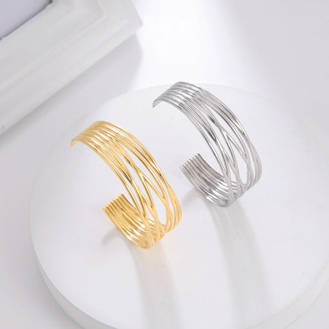 Brazalete geométrico ancho para mujer, brazalete abierto indio bohemio de acero inoxidable de Color dorado