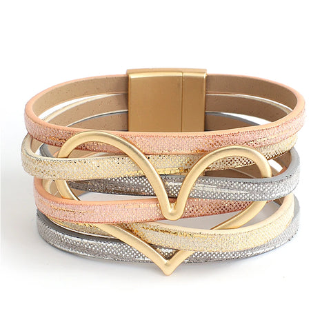 Gold Color Metal Heart Leather Bracelets Charm Multilayer Wide Wrap Bracelet