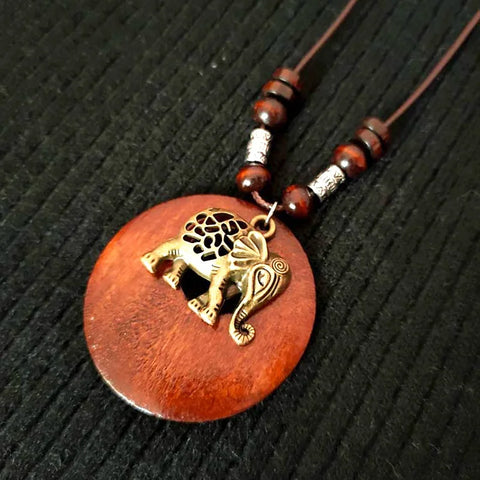 Vintage Wooden Necklace with Metal Pendant Boho Ethnic Style Long Wax Rope Chain