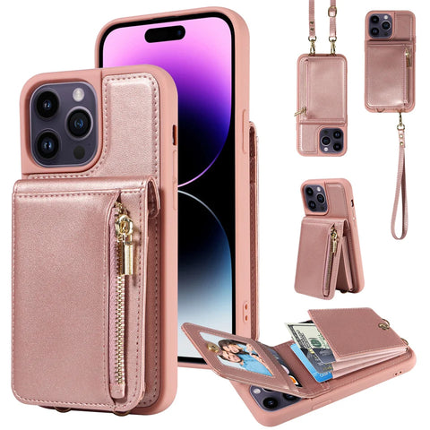 Funda de cuero tipo billetera con cremallera para iPhone, funda cruzada con correa y cordón para iPhone 15, 14, 13, 12 Pro, XS, Max, X, XR, 7, 8, 6S Plus