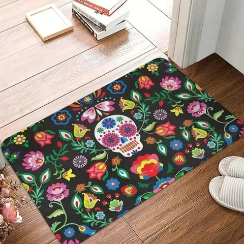 Alfombrilla de suelo con diseño de calavera de azúcar del Día de los Muertos, antideslizante, para decoración del hogar, baño, cocina, lavable, para sala de estar, pasillo, entrada