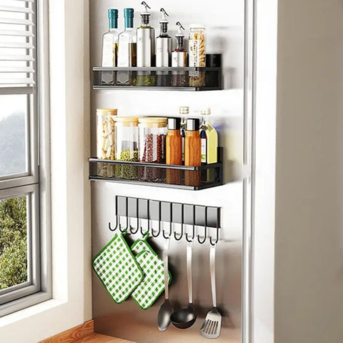 Magnetic Spice Rack for Refrigerator Kitchen Storage Rack with Hook Paper Towel Holder Refrigerator Side Hanging Organizer Shelf