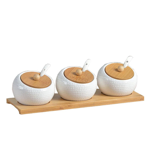 Household Kitchen Supplies Seasoning Jar Ceramic Cruet Salt Pepper Bottle Bamboo Tray Kitchen Seasoning Tool Storage Tank