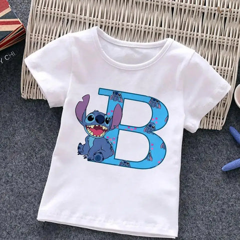 Camiseta de algodón con letras ABCD de Stitch para niños, camisetas combinadas, ropa informal Kawaii de dibujos animados para niños, camisetas Harajuku para niñas y niños