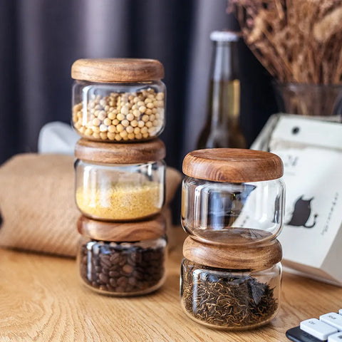 Kitchen Airtight Spices Seasoning Storage for Food Glass Suger Jars Box with Acacia Wood Lid 1 Piece