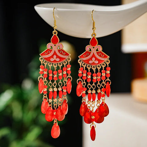 Bohemian Multicolor Rice Bead Water Drop Long Enamel Fan-Shaped Earring