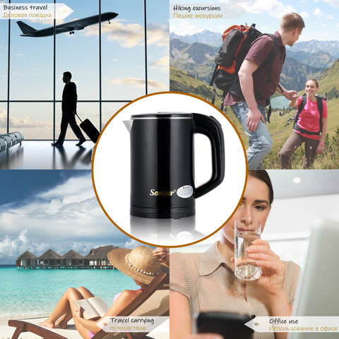 Chaleira elétrica de viagem, chá, café, 0,6l, mini chaleira portátil sem fio de aço inoxidável, 800w, para hotel, família, pote de viagem sonifer