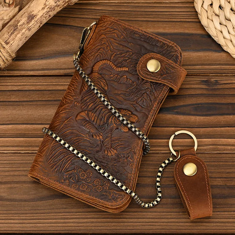 Cartera de cuero genuino para hombre con cadena y tarjetero para teléfono