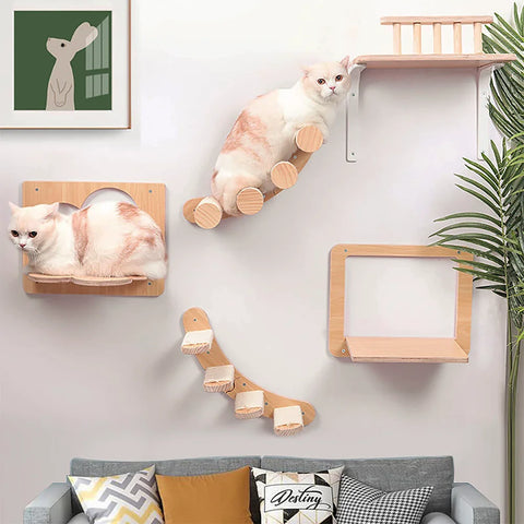 Prateleira de escalada interna para gatos, montada na parede, poste para arranhar com rede em forma de lua ou plataforma de salto para descanso de gatinhos