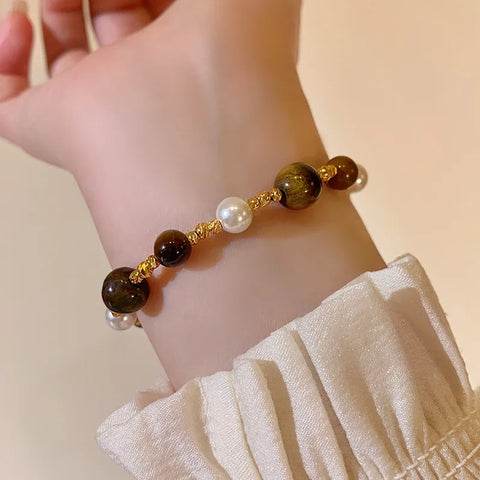 Stainless Steel Natural Tiger Eye Stone Bracelet For women Pearl  Indian Style Handmade