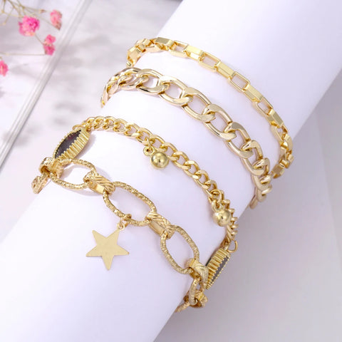 Golden Metal Thick Chain Bracelets  Charm Bracelet Set