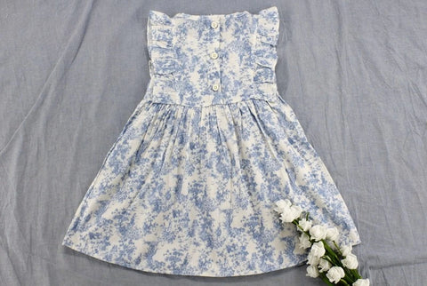 Vestido em Algodão para Menina em Tons de Azul Floral Sem Mangas