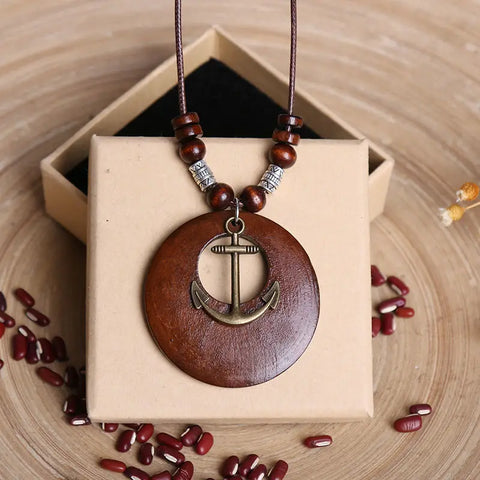 Vintage Wooden Necklace with Metal Pendant Boho Ethnic Style Long Wax Rope Chain