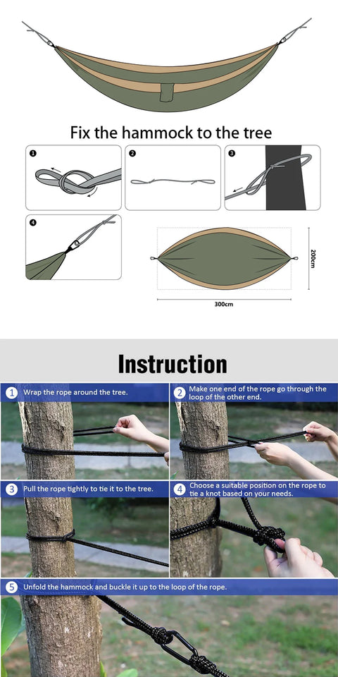 Rede de acampamento para jardim ao ar livre para duas pessoas, pára-quedas leve, nylon, viagem, caminhadas, balanço, pendurar, cama de dormir