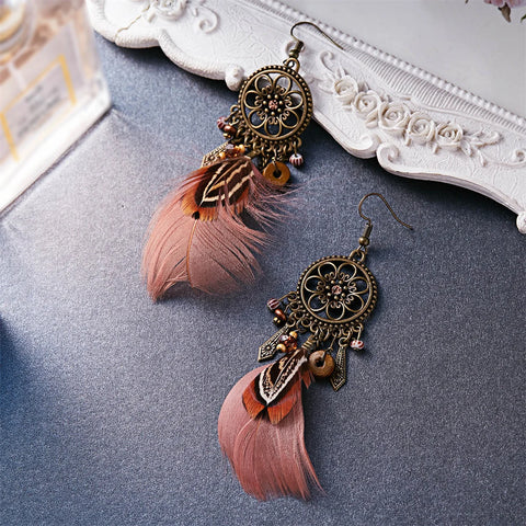 Pendientes colgantes de plumas naturales étnicos bohemios para mujer pluma larga de borla