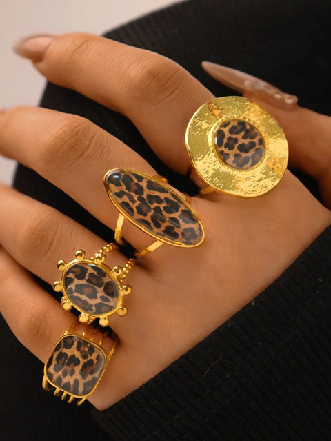 Rings 18K PVD Gold Plated 304 Stainless Steel Chunky Charm Elegant Boho Leopard