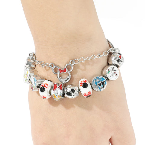 Pulsera clásica de Disney con dijes, pulsera redonda de Color plateado para mujer y niña, joyería de moda