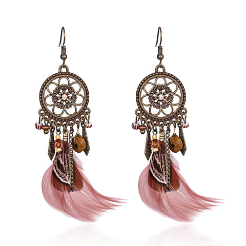 Pendientes colgantes de plumas naturales étnicos bohemios para mujer pluma larga de borla