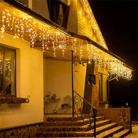 Luzes de Natal Cachoeira Decoração ao ar livre 5M Droop 0,4-0,6m Luzes LED Cortina Luzes de corda Festa Ggarden Eaves Decoração