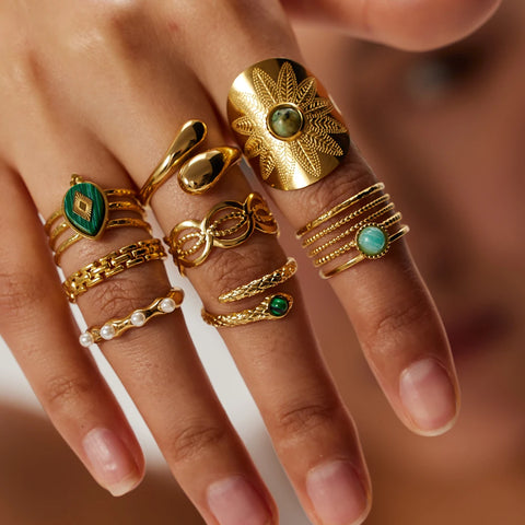 Vintage Classic Natural Stone Open Rings para mulheres Cor dourada Aço inoxidável Jóias ajustáveis