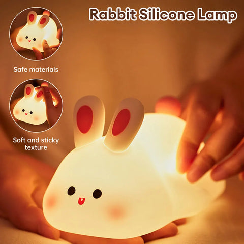 Coelho bonito silicone lâmpada noturna sensor de toque grande rosto coelho pat luz noturna temporizador usb recarregável luz para crianças presente