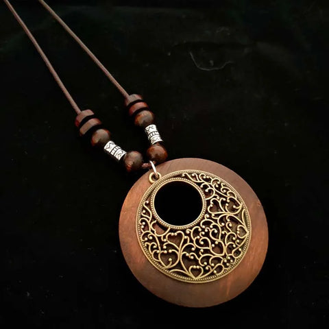 Vintage Wooden Necklace with Metal Pendant Boho Ethnic Style Long Wax Rope Chain