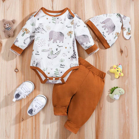 Baby Clothes Set  Long Sleeve Animal Print Romper+ Pants+ Hat 3pcs Outfits Fall Winter