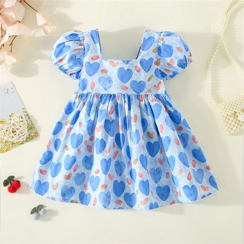 Lindos vestidos Love Print Bow manga curta, comprimento até o joelho Vestido para meninas