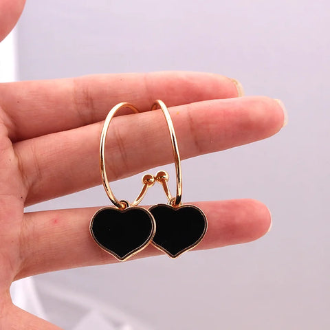 Pendientes de esmalte de corazón, pendientes coreanos negros con colgante de gota de aceite para mujer, pendientes de aro grandes con forma de corazón, joyería minimalista