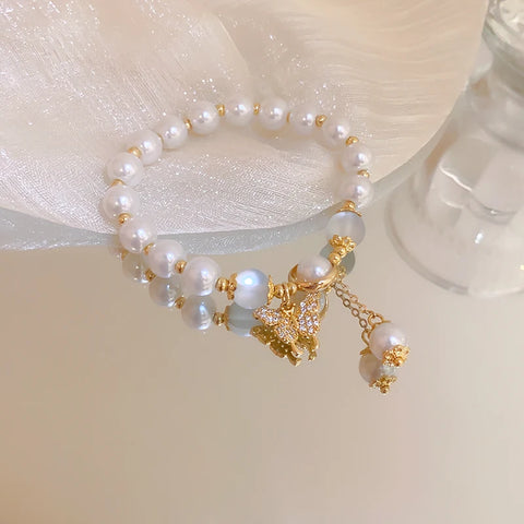 2 Pcs Zircon Cat's Eye Stone Butterfly Elastic Bracelet