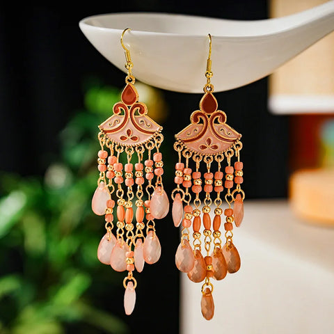 Bohemian Multicolor Rice Bead Water Drop Long Enamel Fan-Shaped Earring