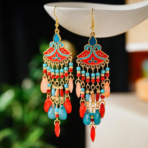 Bohemian Multicolor Rice Bead Water Drop Long Enamel Fan-Shaped Earring