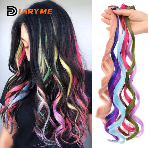 Extensões de cabelo coloridas encaracoladas, um clipe em peruca longa sintética para meninas, mulheres, crianças, multi cores, destaques de festa, peça de peruca