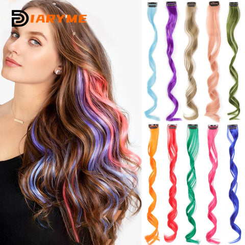 Extensiones de cabello coloridas, rizado, un Clip, postizo largo sintético para niñas, mujeres, niños, multicolor, reflejos de fiesta, pieza de peluca