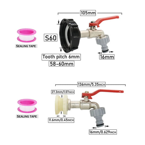 Adaptador de torneira ibc s60x6 rosca conector de mamilo válvula encaixe de mangueira de jardim acessório de liga para tanque de água ao ar livre 1000l